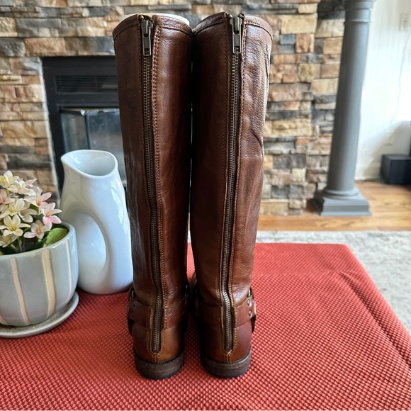 Frye Phillip Harness Knee High Leather Boots Sz 9 Brown w/Studs Back Zipper - Picture 6 of 10